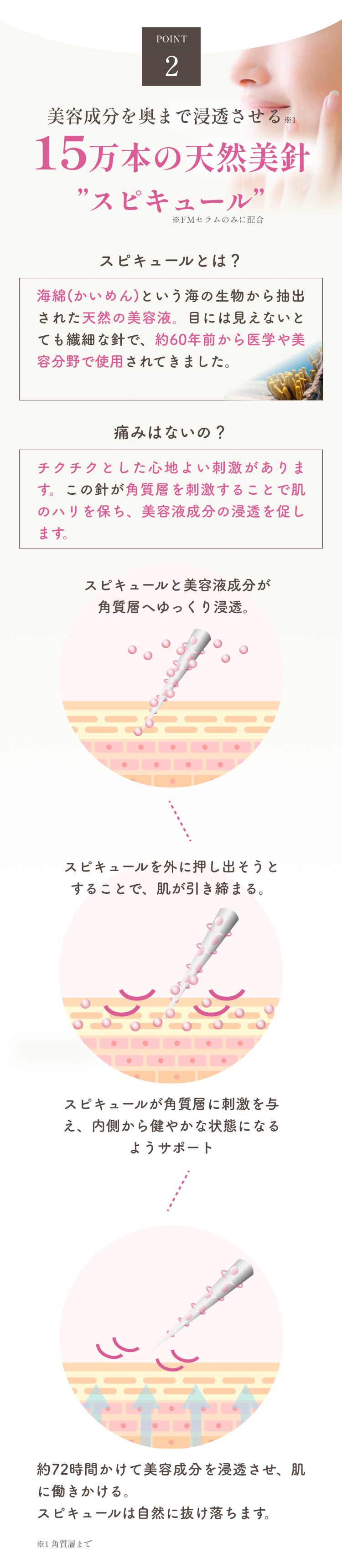 POINT2 美容成分を奥まで浸透させる15万本の天然美針スピキュール ※FMセラムのみに配合
スピキュールとは? 海綿(かいめん)という海の生物から抽出された天然の美容液。目には見えないとても繊細な針で、約60年前から医学や美容分野で使用されてきました 痛みはないの? チクチクとした心地よい刺激があります。この針が角質層を刺激することで肌のハリを保ち、美容液成分の浸透を促します スピキュールと美容液成分が角質層へゆっくり浸透スピキュールを外に押し出そうとすることで、肌が引き締まる スピキュールが角質層に刺激を与え、内側から健やかな状態になるようサポート 約72時間かけて美容液成分を浸透させ、肌のターンオーバーに働きかける。スピキュールはターンオーバーとともに自然に抜け落ちます。※潤いを与え健やかな状態へ導きこと
