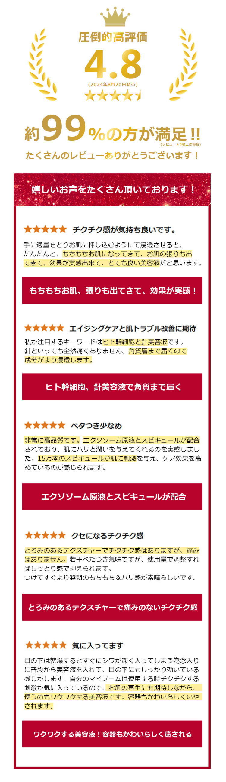 圧倒的高評価4.8(2024年8月20日時点) 約99%の方が満足!!(レビュー星3以上の場合) たくさんのレビューありがとうございます 嬉しいお声をたくさん頂いております チクチク感が気持ち良いです 手に適量をとりお肌に押し込むようにて浸透させると、だんだんと、もちもちお肌になってきて、お肌の張りも出てきて、効果が実感出来て、とても良い美容液だと思います もちもちお肌、張りも出てきて、効果が実感 エイジングケアと肌トラブル改善に期待 私が注目するキーワードはヒト幹細胞と針美容液です。針といっても全然痛くありません。角質層まで届くので成分がより浸透します ヒト幹細胞、針美容液で角質まで届く ベタつき少なめ 非常に高品質です。 エクソソーム原液とスピキュールが配合されており、肌にハリと潤いを与えてくれるのを実感しました。15万本のスピキュールが肌に刺激を与え、ケア効果を高めているのが感じられます エクソソーム原液とスピキュールが配合 クセになるチクチク感とろみのあるテクスチャーでチクチク感はありますが、痛みはありません。若干べたつき気味ですが、使用量で調整すればしっとり感で抑えられます。つけてすぐより翌朝のもちもち&ハリ感が素晴らしいです とろみのあるテクスチャーで痛みのないチクチク感 気に入ってます 目の下は乾燥するとすぐにシワが深く入ってしまう為念入りに普段から美容液を入れて、目の下にもしっかり効いている感じがします。自分のマイブームは使用する時チクチクする刺激が気に入っているので、お肌の再生にも期待しながら、使うのもワクワクする美容液です。容器もかわいらしくいやされます ワクワクする美容液 容器もかわいらしく癒される