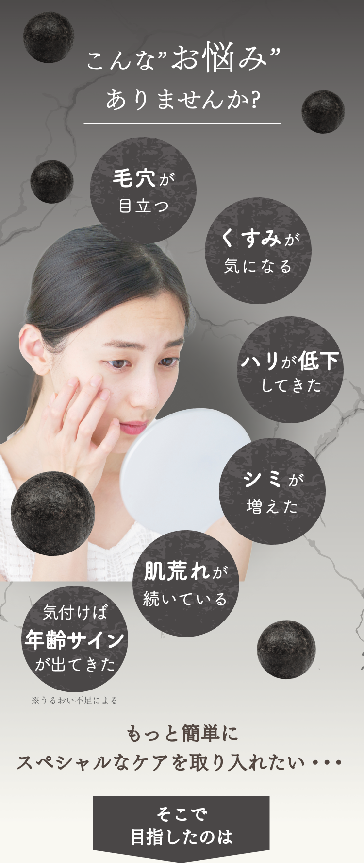 こんなお悩みありませんか? 毛穴が目立つ くすみが気になる たるんできた シミが増えた 肌荒れが続いている 気付けばシワが出てきた もっと簡単にスペシャルなケアを取り入れたい そこで目指したのは